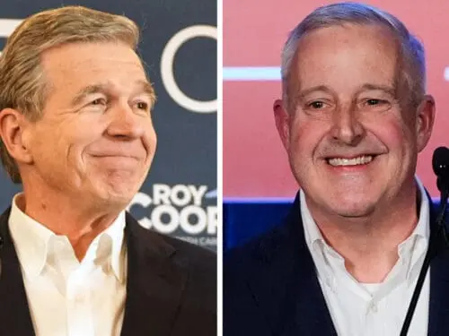 This combo image shows North Carolina Democratic Senate candidate former Gov. Roy Cooper, left, and Republican candidate former RNC Chairman Michael Whatley, both speaking at separate primary election night watch parties Tuesday, March 3, 2026, in Raleigh, North Carolina.
