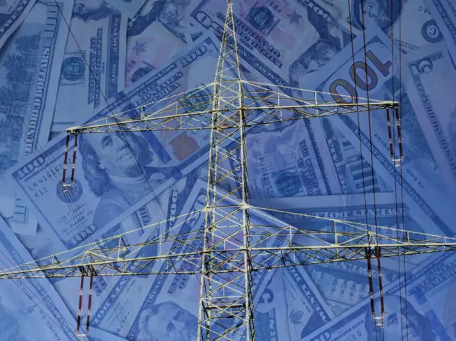 Graphic with a background of transparent one hundred dollar bills with an electric transmission line in the foreground.