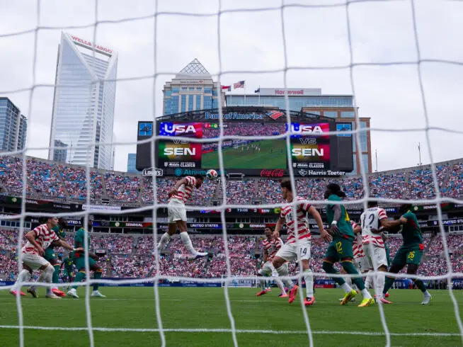United States defender Auston Trusty (6) heads the ball away during the second half against Senegal in an international friendly soccer match Sunday, May 31, 2026, in Charlotte, North Carolina.