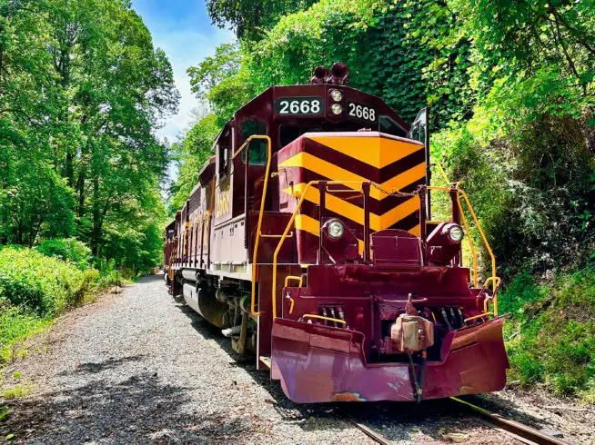 Great Smoky Mountains Railroad diesel engine No. 2668 in Nantahala, North Carolina.
