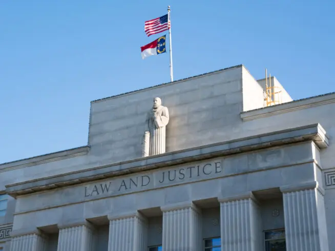 Facade of the North Carolina Supreme Court Building in Raleigh on April 17, 2018.
