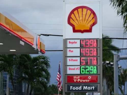 Gas and diesel prices are displayed at a Shell station, Tuesday, Sept. 22, 2026, in Doral, Florida.